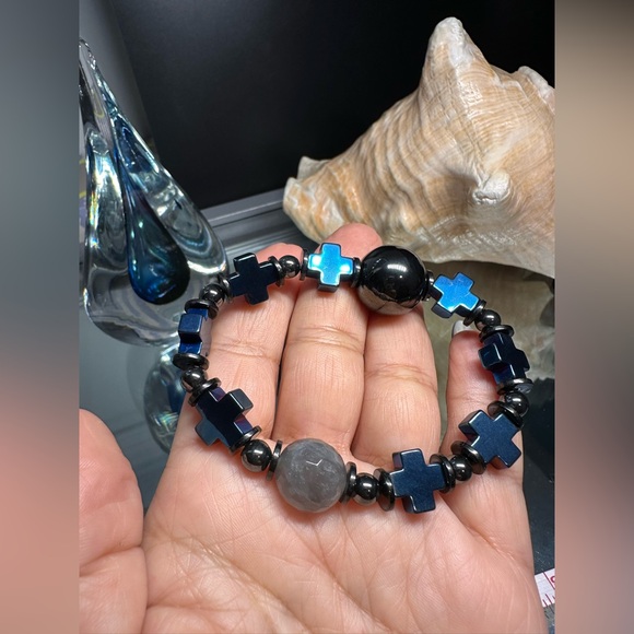 HEMATITE + QUARTZ NATURAL STONES  BRACELET size 7” - Picture 15 of 16